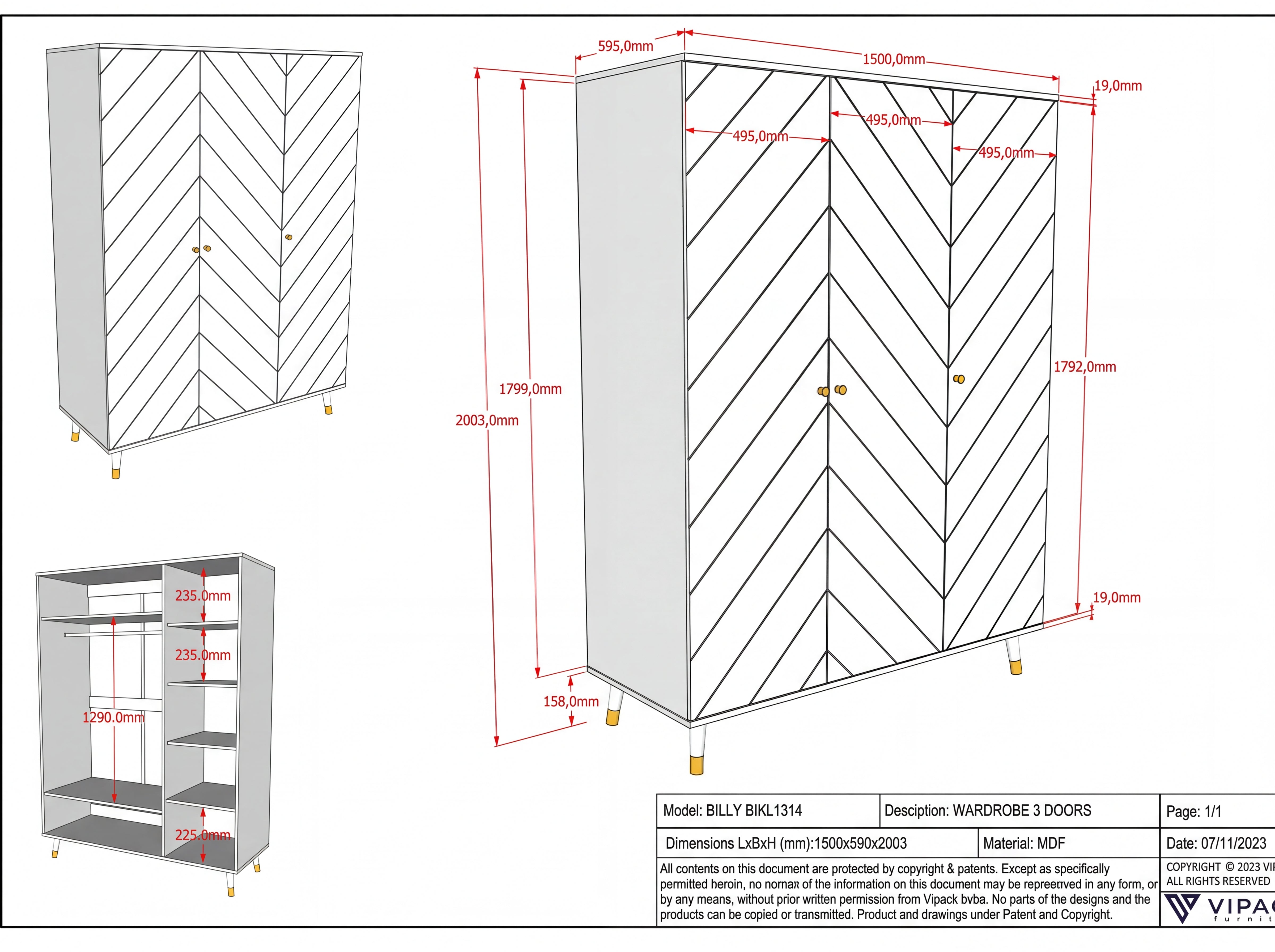 ארון 3 דלתות בילי